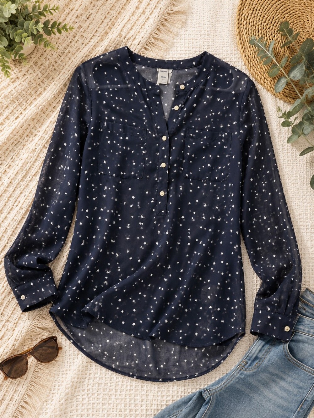 Old Navy Women's M Navy Star Print Sheer Chiffon Popover Blouse